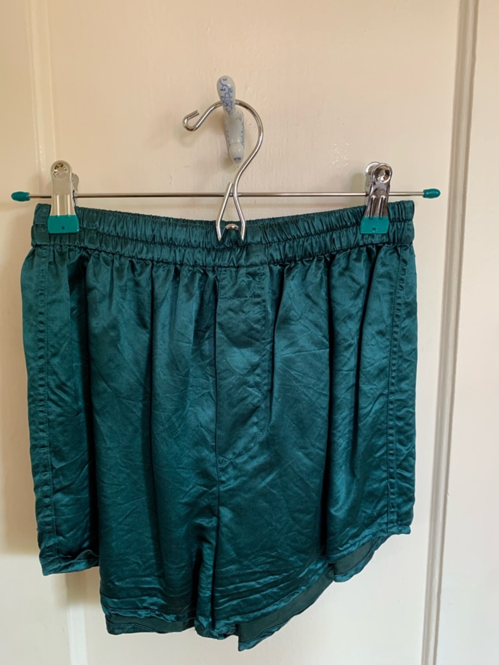 100% Silk Sleep Shorts Teal Green Satin Pull On Elastic Waist Loungewear Boxers